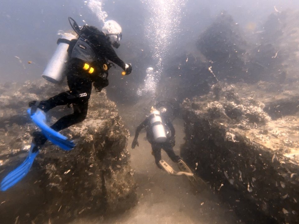 Two volunteer divers working over a Carolina reef ledge